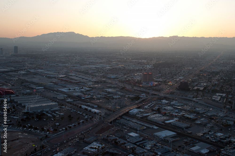 Top view of the sunset, mountains and houses, Las Vegas, Nevada, USA