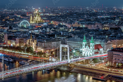 Budapest aerial night panorama on saint istvan cathedral, Hungary photo