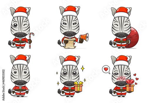 Fototapeta Naklejka Na Ścianę i Meble -  cute zebra set, animal character bundles in santa costumes, animals wearing christmas costumes. cartoon in kawaii style