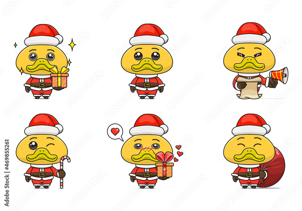 cute duck set, animal character bundles in santa costumes, animals wearing christmas costumes. cartoon in kawaii style cute duck set, animal character bundles in santa costumes, animals wearing christmas costumes. cartoon in kawaii style