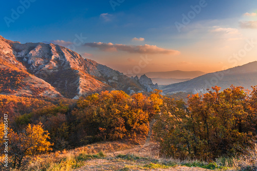 Valley with autumn trees among the mountains lit by the sun at sunset in yellow pastel colors