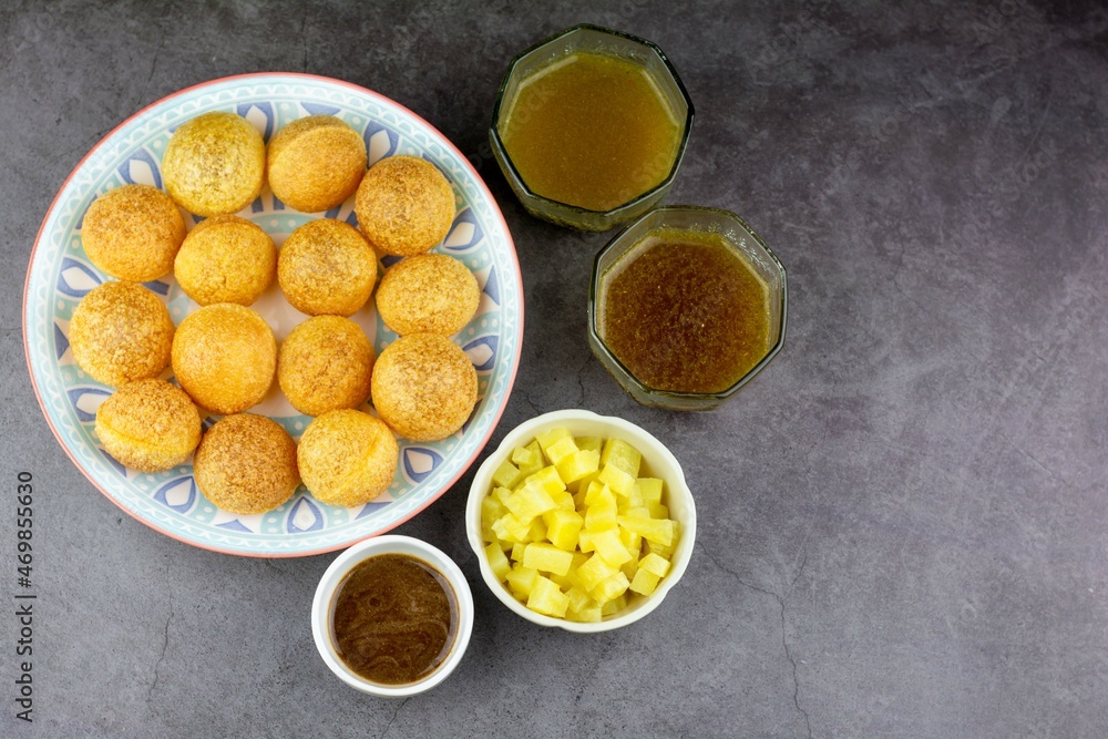 Indian traditional snack. Flat lay Pani puri with boiled potato and sauce. Indian traditional snack. Flat lay Pani puri with boiled potato and sauce.