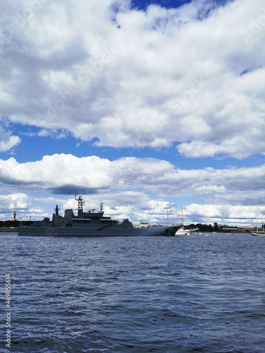A large landing ship "Olenegorsky miner" in the Neva water area for the Day of the Navy in St. Petersburg.