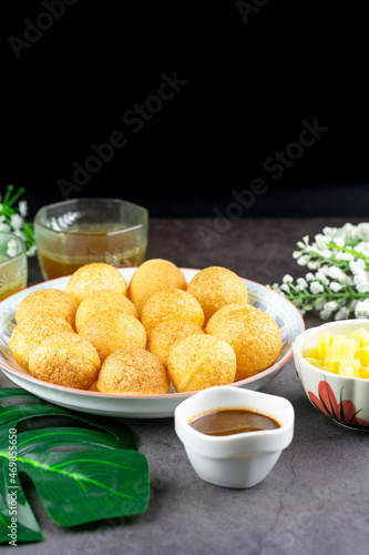 Indian traditional snack. Pani puri with boiled potato and sauce.