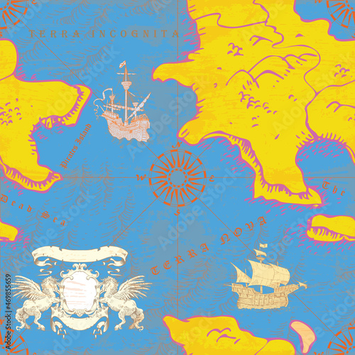 vector image of ancient nautical chart of sea routes of medieval ships