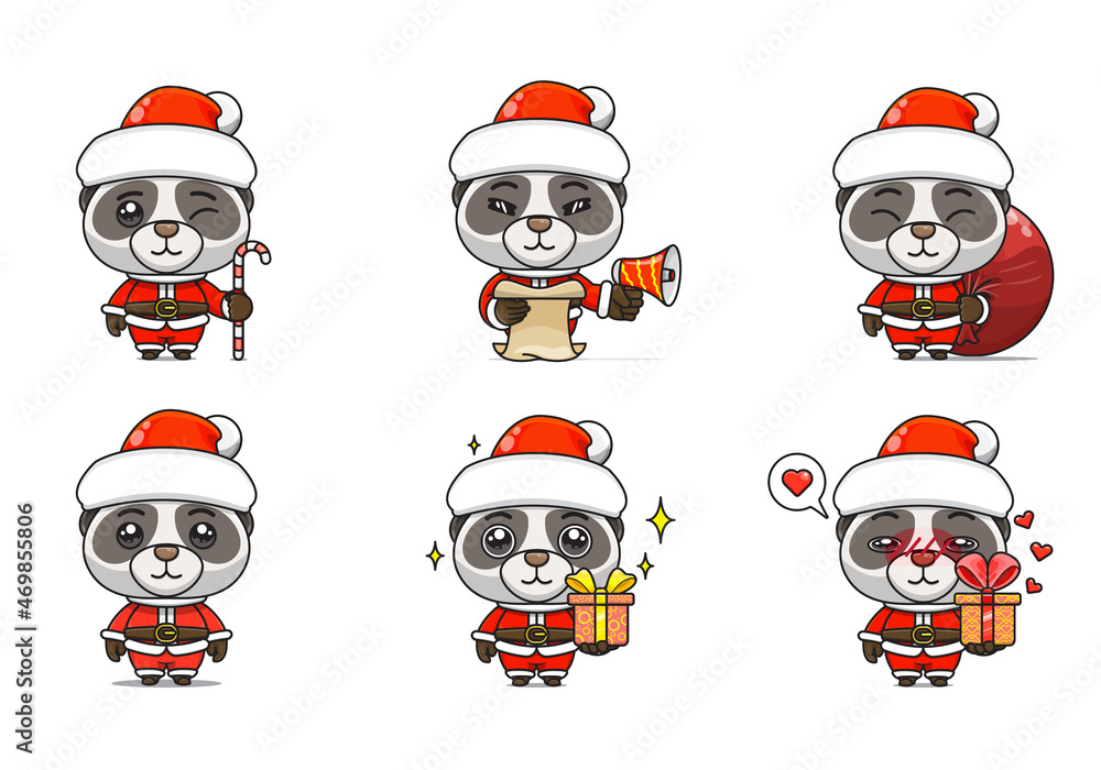 cute panda set, animal character bundles in santa costumes, animals wearing christmas costumes. cartoon in kawaii style