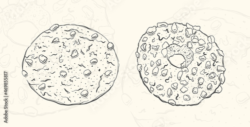 Illustration oatmeal cookies sketch food.Hand drawn element design menu. Isolated object in white background
