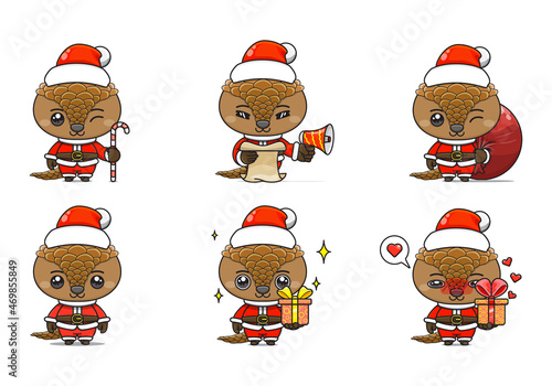 cute pangolin set  animal character bundles in santa costumes  animals wearing christmas costumes. cartoon in kawaii style
