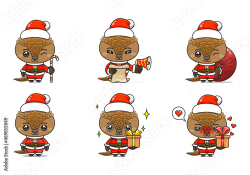 cute pangolin set, animal character bundles in santa costumes, animals wearing christmas costumes. cartoon in kawaii style