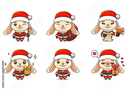 cute rabbit or bunny set, animal character bundles in santa costumes, animals wearing christmas costumes. cartoon in kawaii style © Roni Dan