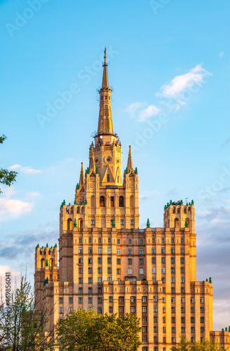 The view on the residential Stalinist high-rise building on Kudrinskaya Square. It is the one of seven Stalinist skyscrapers built in 1947-1954. photo