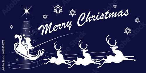 Christmas blue illustration, Santa Claus is racing in a sleigh in harness with reindeer, abstract Christmas tree