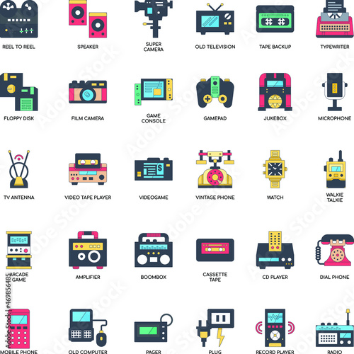 Retro Technology  flat vector icon collection set