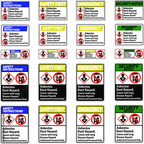 Safety Label,Asbestos Dust Hazard, Cancer And Lung Disease Hazard Authorized Personnel Only flat vector collection icon set