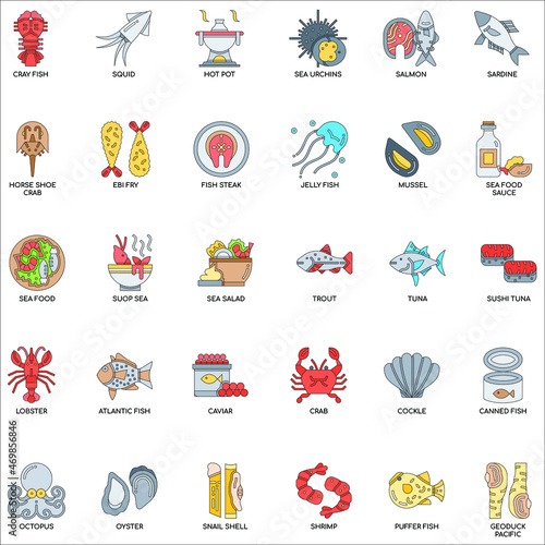 Seafood collection flat vector color icon illustrations