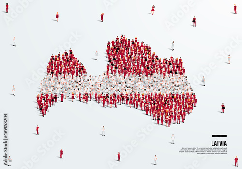 Latvia Map and Flag. A large group of people in the Latvia flag color form to create the map. Vector Illustration.