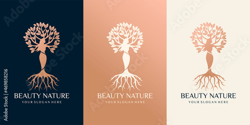 set of Beauty nature logo with combination of beautiful woman tree . premium vector art style Premium Vector