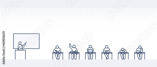 school classroom scene with person line icons: teacher in front of class. students sitting on desk. editable stroke illustration