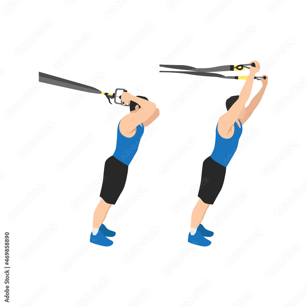 Man doing TRX Suspension straps triceps extensions flat vector illustration isolated on white background