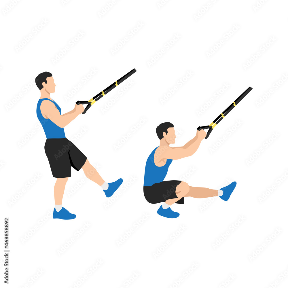 Man doing TRX Pistol. Single leg Squat. extended arm exercise. Flat vector illustration isolated on white background Man doing TRX Pistol. Single leg Squat. extended arm exercise. Flat vector illustration isolated on white background
