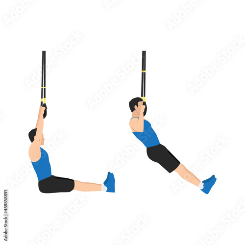 Man doing TRX pull ups exercise. Flat vector illustration isolated on white background