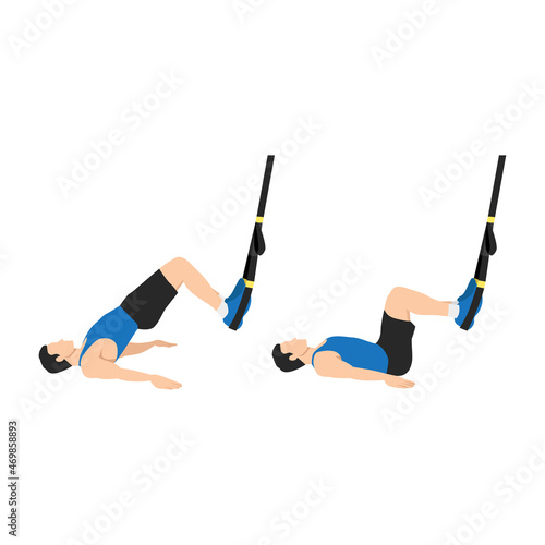 Man doing TRX Suspension straps glute bridge exercise. Flat vector illustration isolated on white background