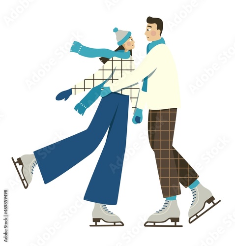 A boy and a girl are skating. Flat vector illustration in retro style on a white background. Merry Christmas and Happy New Year. Design elements for printing on cards and banners.