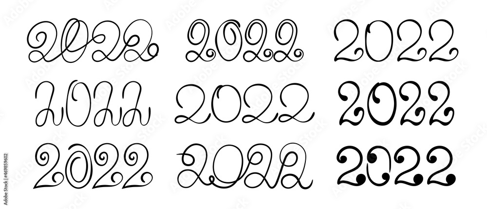 2022 lettering set for New year. Vector black and white text. Number sketch