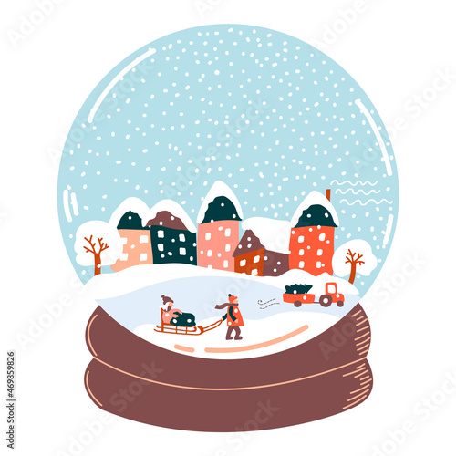 Snow globe with winter landscape, houses, people, sled, road and truck with spruce. Christmas  snow ball. Present for cozy Happy Holidays