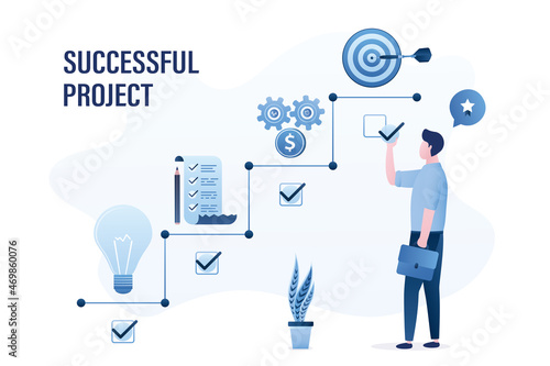 Project management, concept banner. Confident businessman finished successful project. Male employee on last stage of business plan. Business elements and signs.
