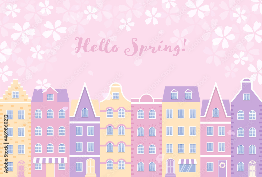 vector background with spring landscape with houses and flowers for banners, cards, flyers, social media wallpapers, etc.
