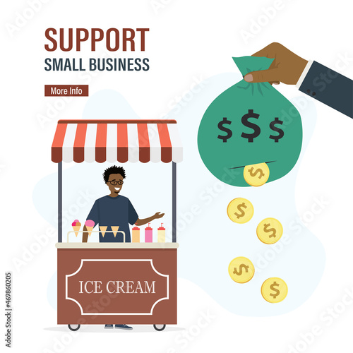 Support small business. Shop on wheels. Ice cream kiosk, happy african american businessman or seller. Sponsor pours money out of bag. Tax cuts, concessional lending for local business photo