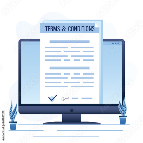 Terms and conditions, agreement on monitor screen. Paper sheets, digital contract. Terms of software or app. Internet technology.