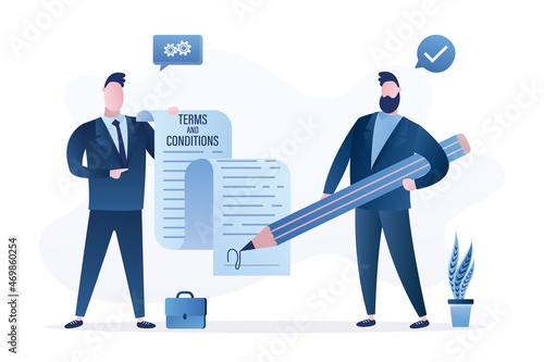 Terms and conditions, concept banner. Businessman or lawyer holds long paper contract. User signs an agreement. Partnership, corporate relations.