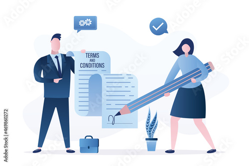 Terms and conditions, concept banner. Businessman or lawyer holds long paper contract. Woman user signs an agreement. Partnership, corporate relations. Flat design.