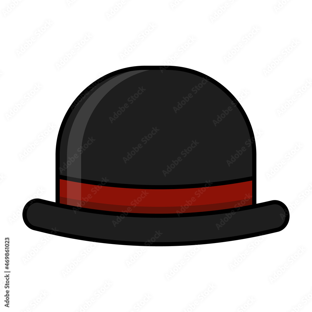 A black bowler hat with red ribbon on a white background, vector flat illustration A black bowler hat with red ribbon on a white background, vector flat illustration