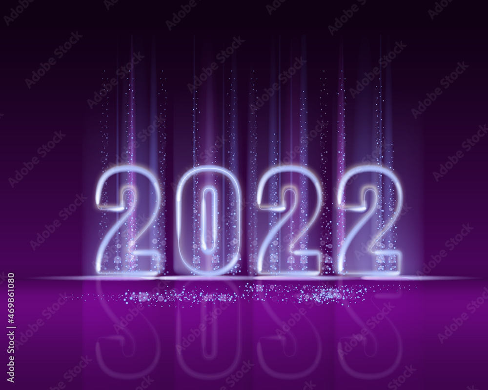 2022 New Year shiny gold color shiny numbers banner. Realistic text flash light, golden particles, glitter, sparkles dust, black background. Vector illustration greeting card 2022 New Year shiny gold color shiny numbers banner. Realistic text flash light, golden particles, glitter, sparkles dust, black background. Vector illustration greeting card