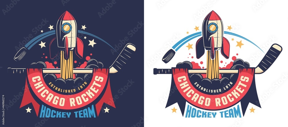 Hockey team emblem with stick and starting rocket. Fictional ice hockey ...