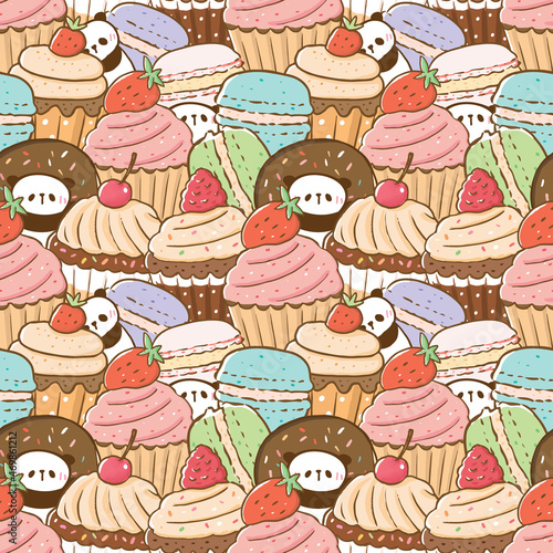 Seamless Pattern of Cute Cartoon Panda, Cupcake and Macaron Illustration Design