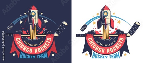 Hockey team emblem with stick and starting rocket. Fictional ice hockey team Chicago Rockets template. Vector illustration.