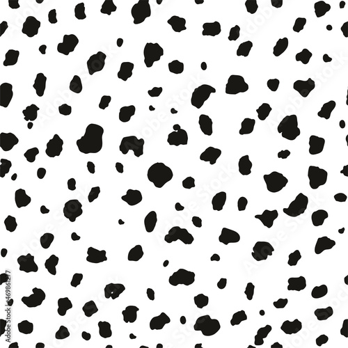 Dalmatian seamless texture pattern. Black and white dalmatian skin print in hand drawn doodle style. Abstract spots background design. Vector illustration.