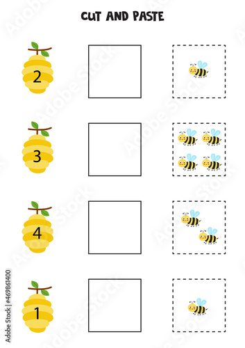 Math game for kids. Count and paste cute bees.