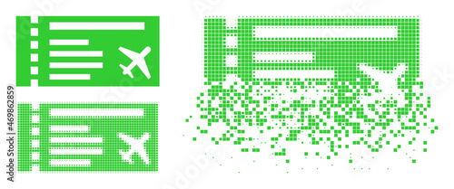 Airticket pictogram with dissipated effect. Disintegration effect involves round dots. Airticket in sparkle, pixelated halftone and base solid vector versions.