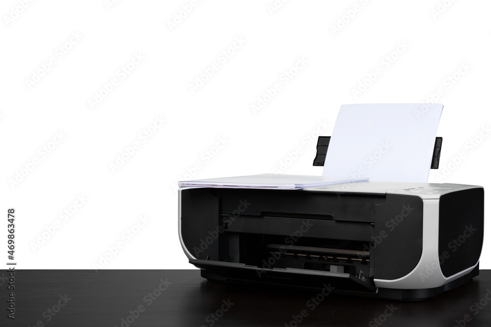 Laser home printer on table against white backgorund Laser home printer on table against white backgorund