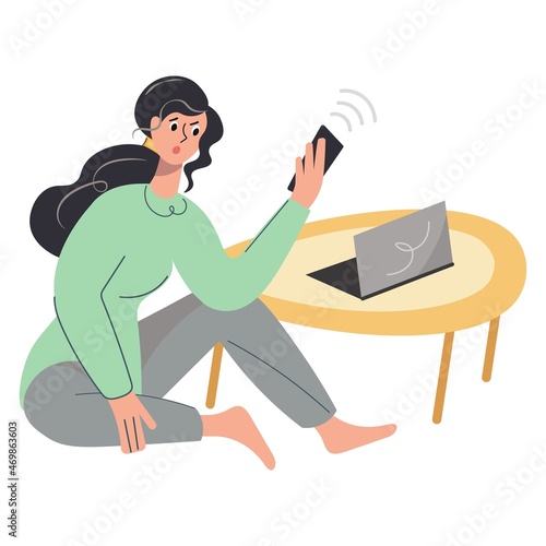Young woman talking nervously on the phone. Bad news. The girl looks upset, annoyed, sits on the floor next to a coffee table and a laptop. Freelance work, solving complex issues. Vector flat isolated