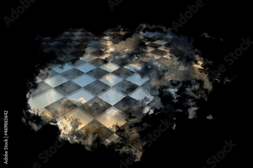 Fototapeta Naklejka Na Ścianę i Meble -  Checkered board on a cloud on black background, creative collage.