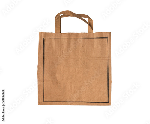 Craft paper bag isolated on white background. Kraft brown crumpled parcel for eco shopping.