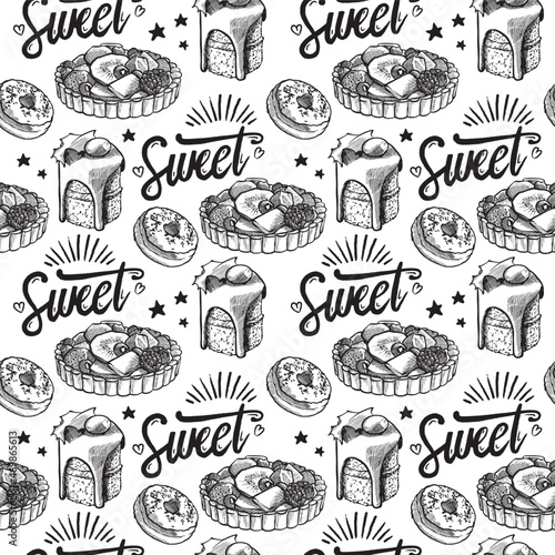 Vector seamless pattern with images of baking, coffee, using lettering, in monochrome in handmade style