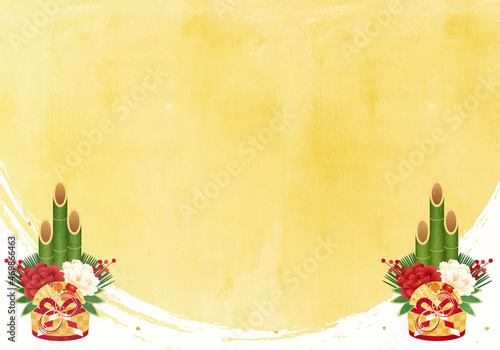 金色の筆で書いた円と門松の和風なお正月のベクターイラスト背景