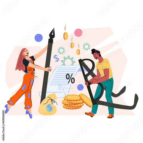Conclusion and signing of profitable business contract or cooperation agreement. Commercial bargain and business or trade deal conclusion, flat vector illustration isolated on white background.